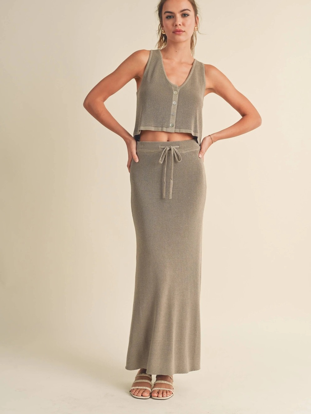 Taupe Knit Maxi Skirt Set with Drawstring Waist -